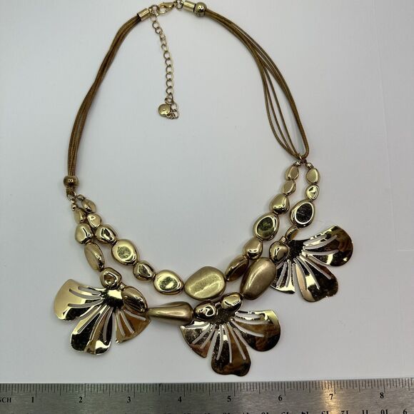 C 1946 Signed Gold Tone Gingko Leaves and‎ Round Beads Necklace Leather Cord - Picture 9 of 12